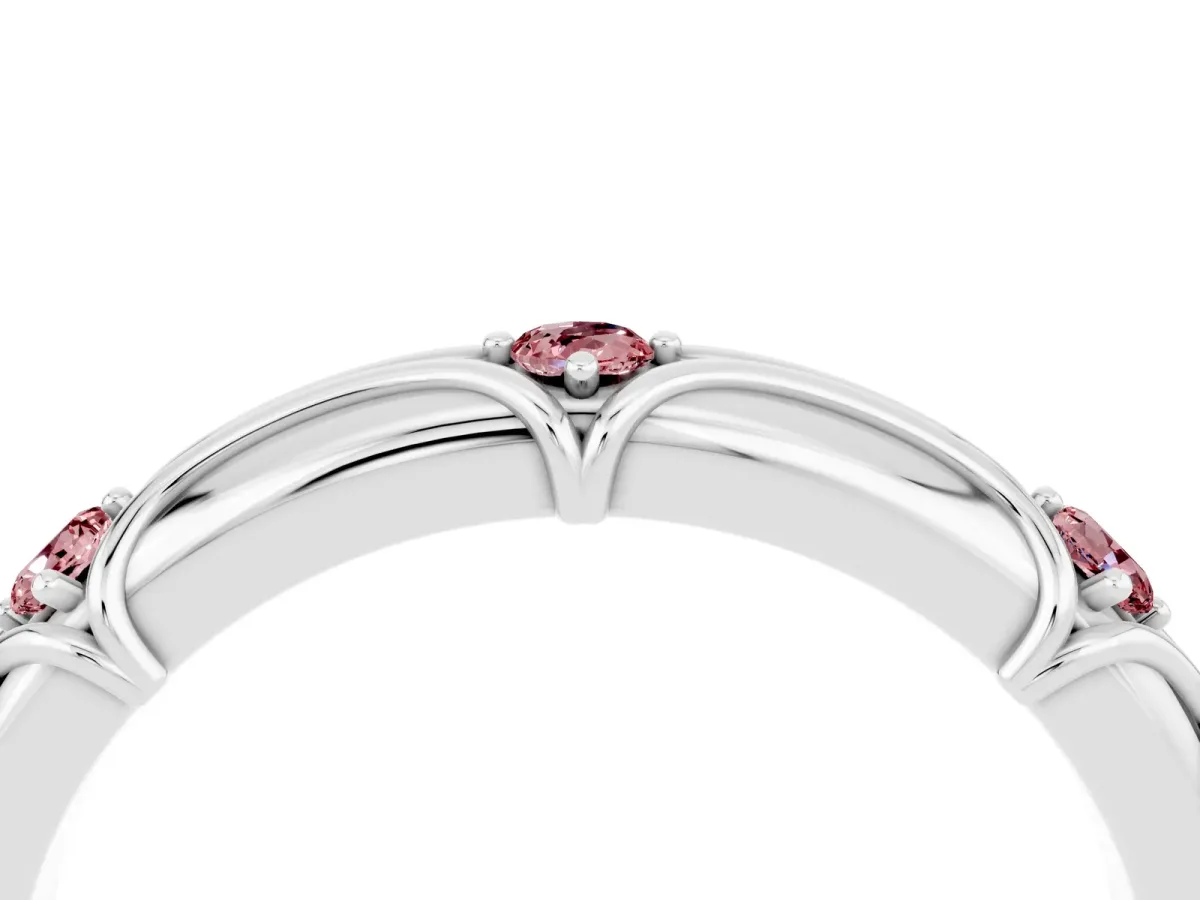 Round Morganite Prong Set Milgrain Eternity Band Silver