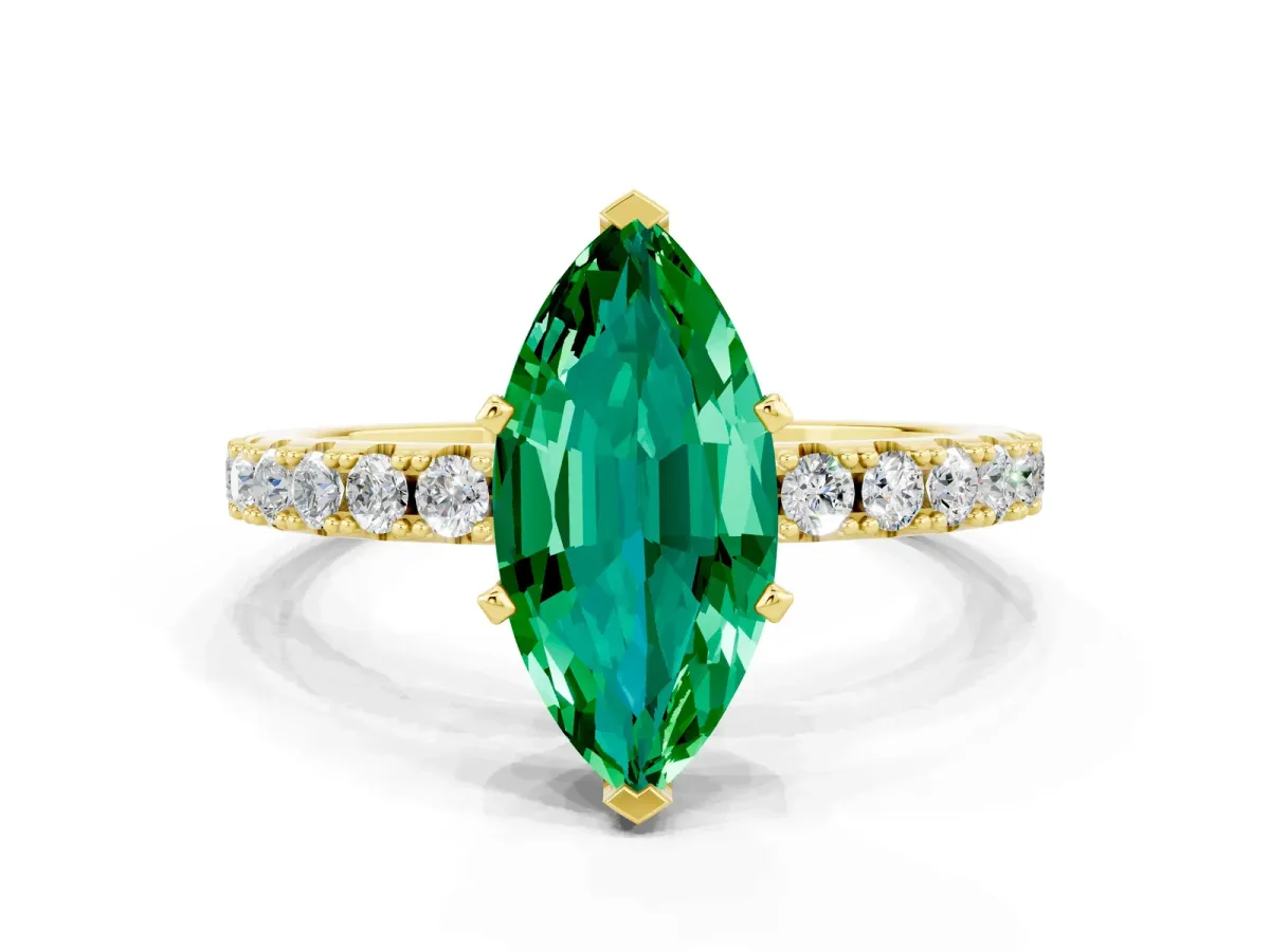Marquise Cut Emerald Solitaire Pavé Band with Four-Prong Setting Yellow gold