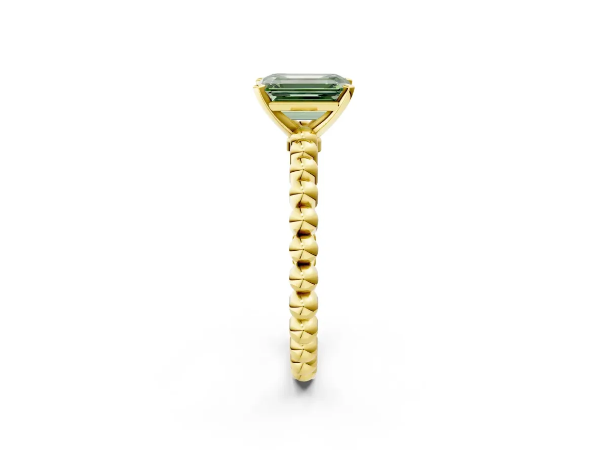 Fancy Green Emerald Cut Diamond Solitaire Ring with Beaded Band and Prong Setting Yellow gold