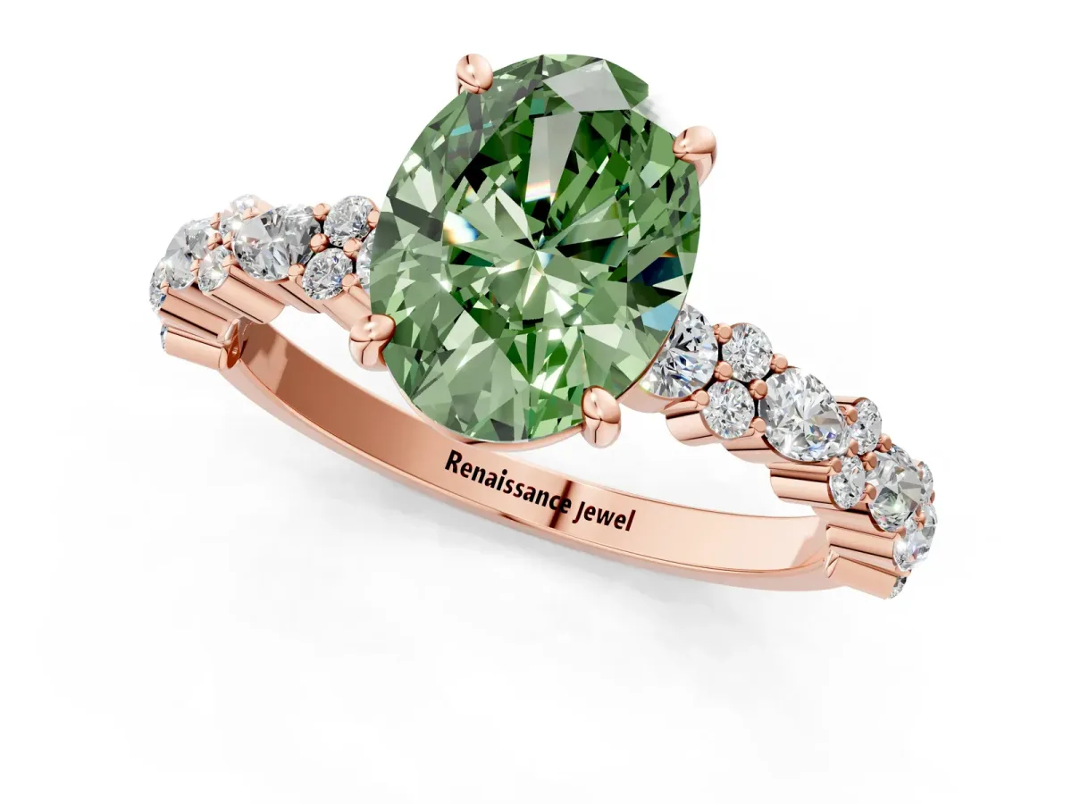 Fancy Green Oval Cut Diamond Side Stone Solitaire Ring with Round and Four-Prong Setting Rose gold