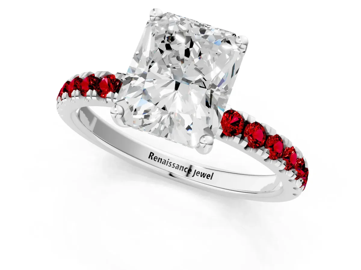Radiant Cut Diamond Pave Band Solitaire Ring with Round Ruby and Prong Setting Silver