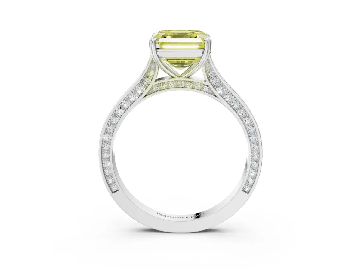 Fancy Yellow Asscher Cut Diamond Solitaire with Pave Band and Six-Prong Setting Platinum