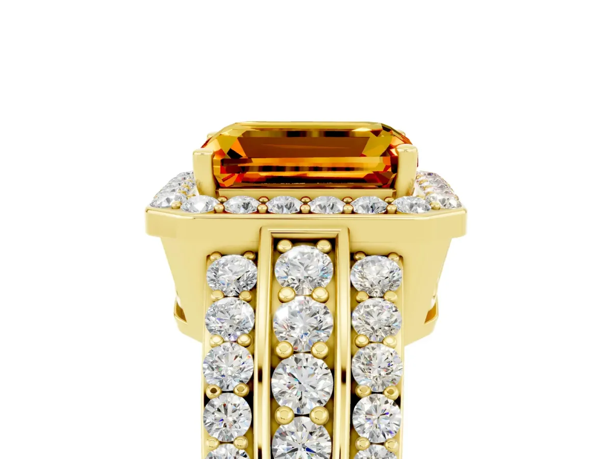 Emerald Cut Halo Citrine Ring with Round Split Shank and Prong Setting Yellow gold