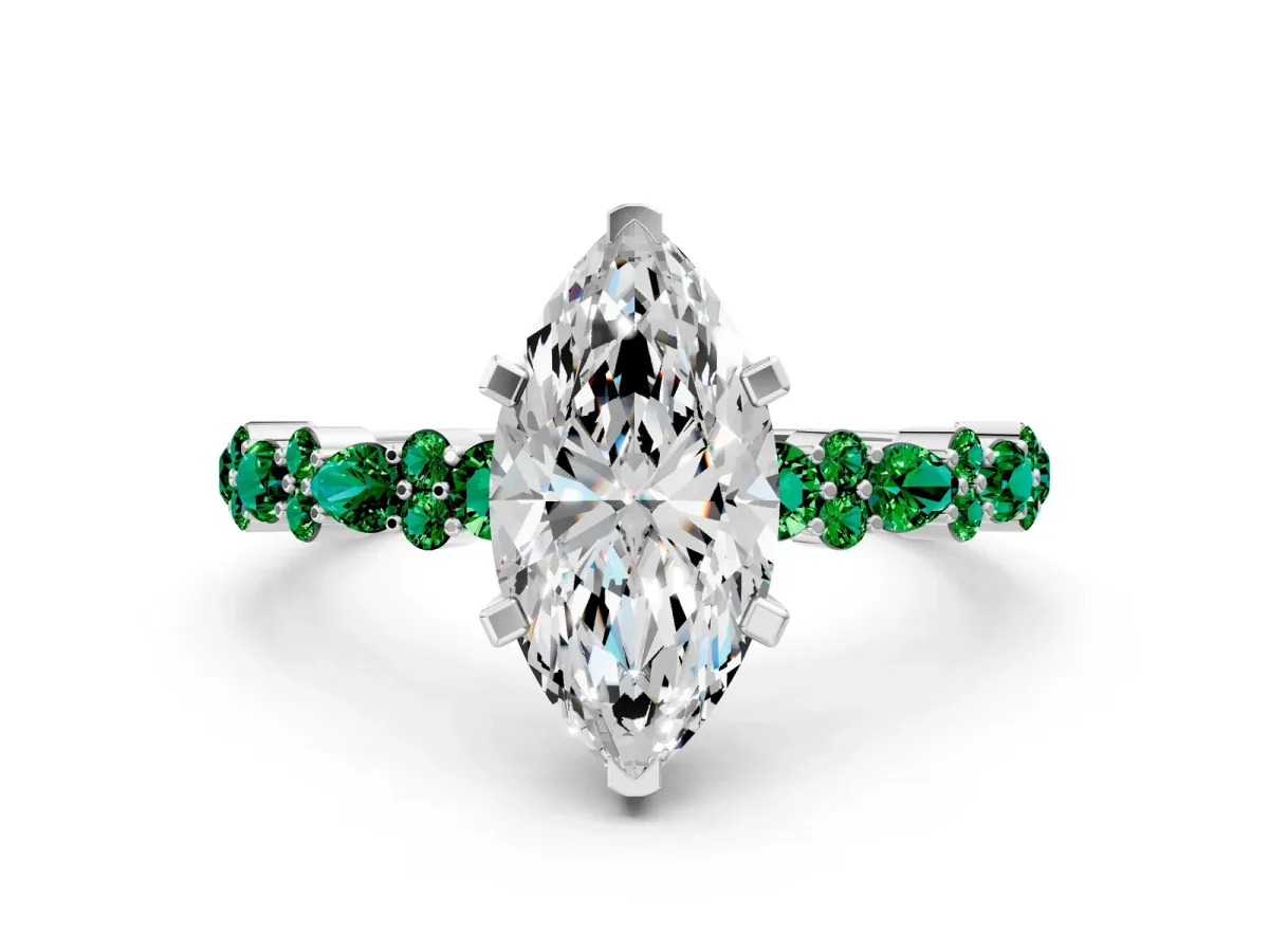 Marquise Cut Diamond Side Stone Solitaire Ring with Round Emerald and Four-Prong Setting Platinum