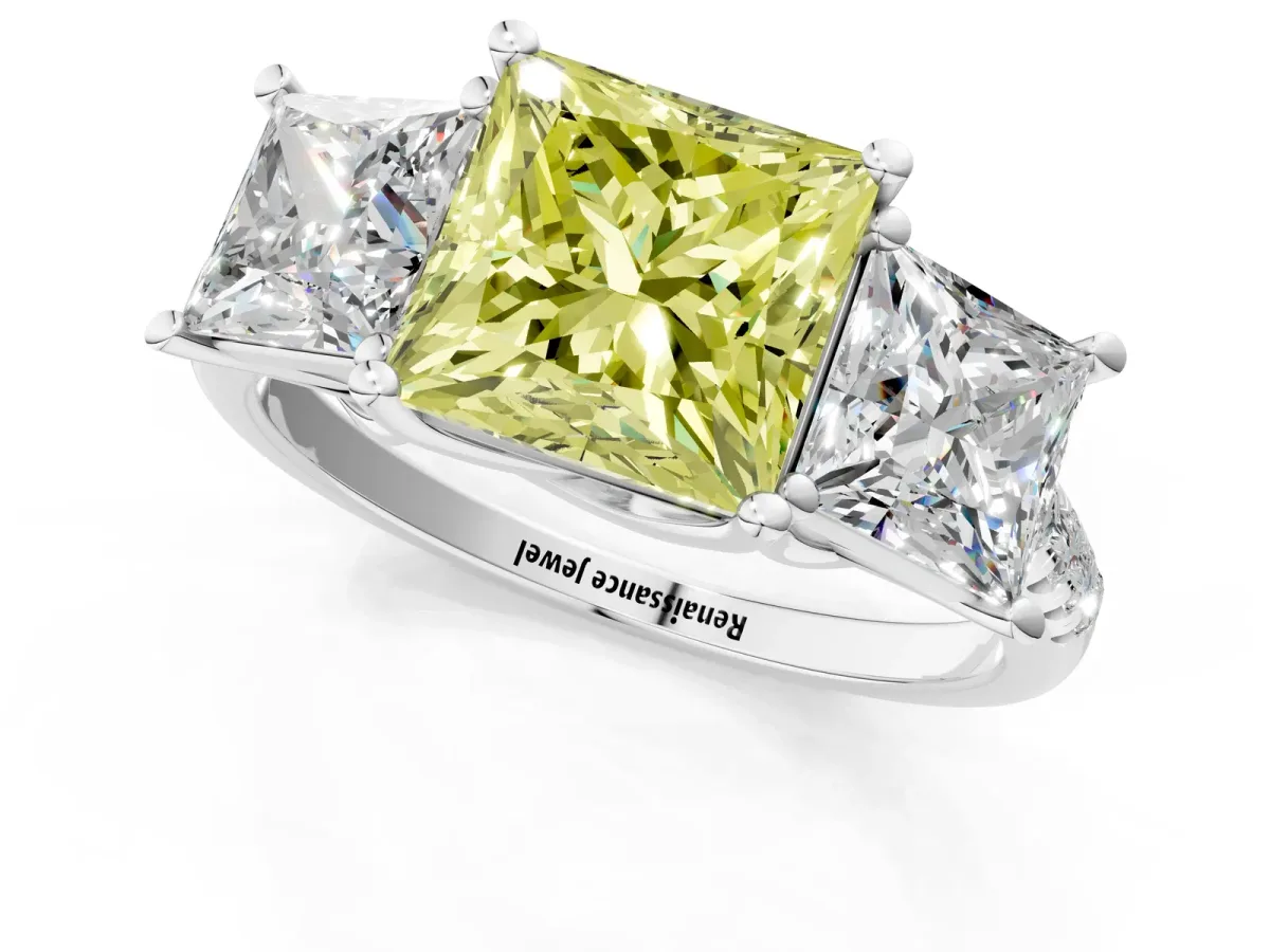 Fancy Yellow Three-Stone Princess Cut Diamond Ring with Round Pavé Band and Prong Setting Silver