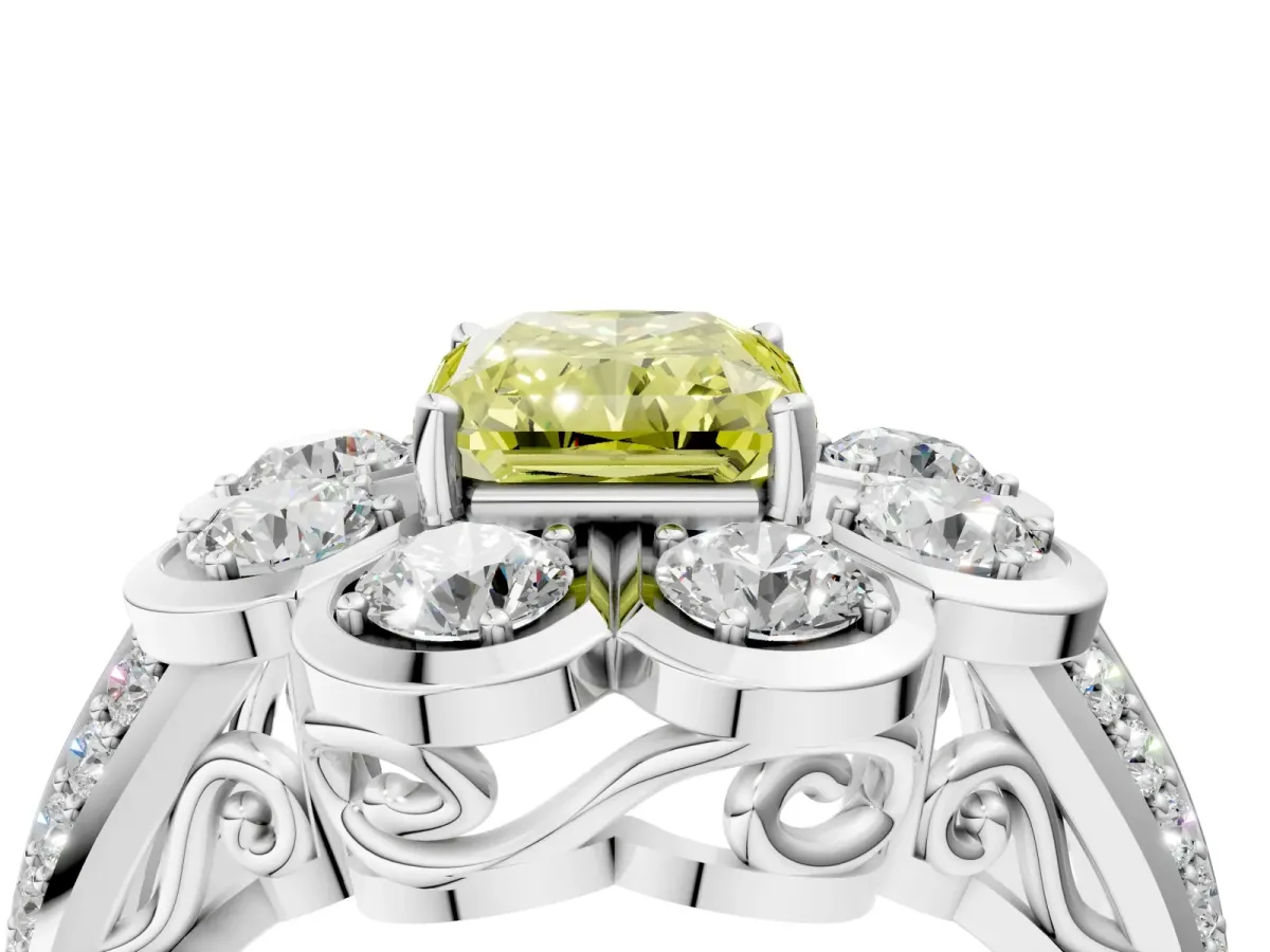 Fancy Yellow Radiant Cut Brilliant Flower Halo Diamond Split Shank Ring Platinum