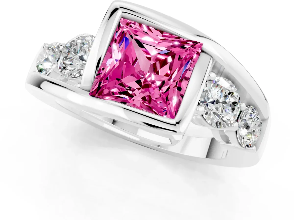 Bezel Set Princess Cut Pink Sapphire Bypass Ring with Round Accents Silver
