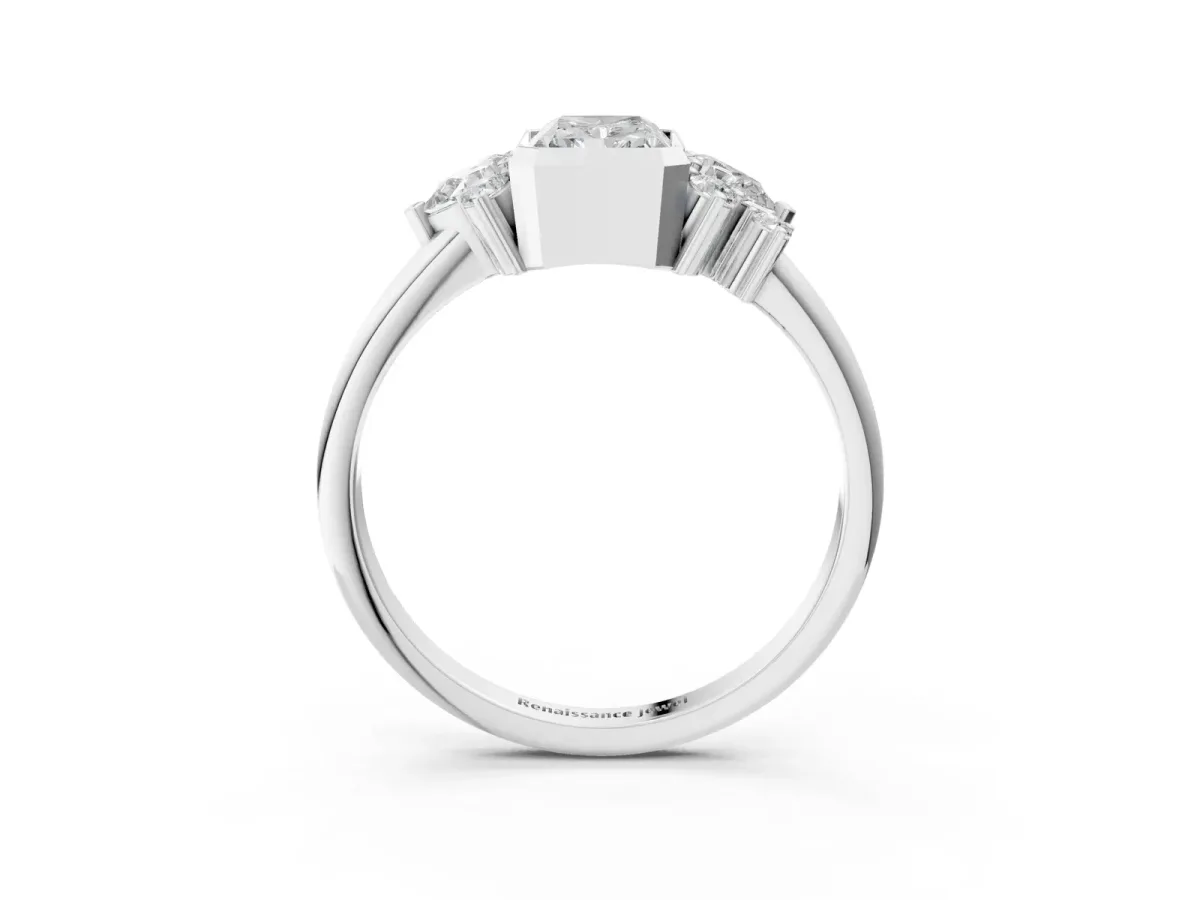 Radiant Diamond Engagement Ring with Pear and Round Side Stones White gold
