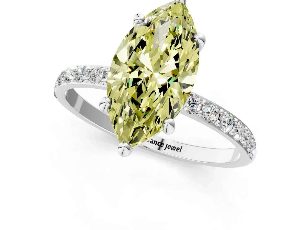 Fancy Yellow Marquise Cut Diamond Solitaire Ring with Round Pavé Band and Prong Setting Silver