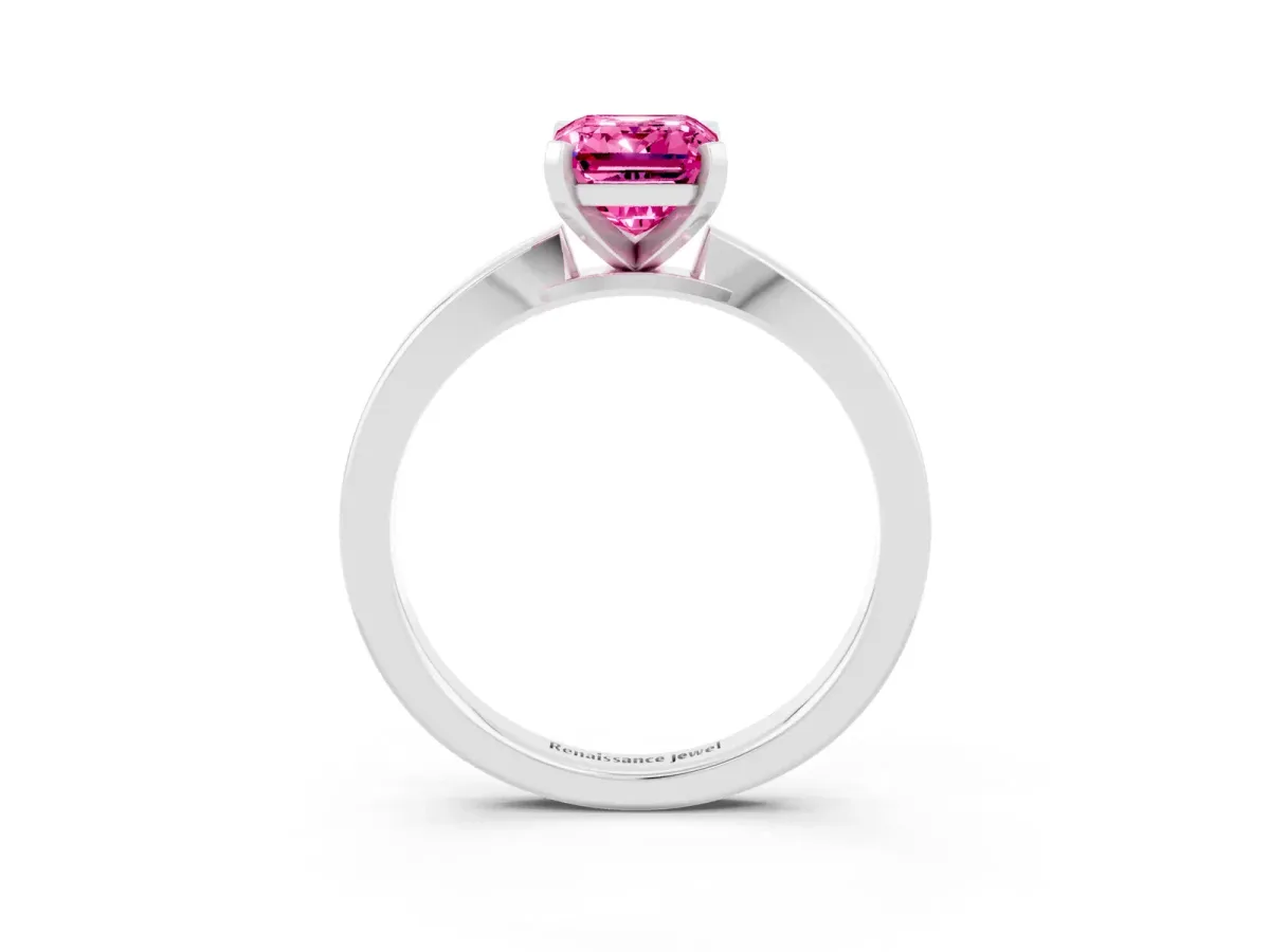 Emerald Cut Pink Sapphire Solitaire Engagement Ring with Classic Band and Four-Prong Setting Silver