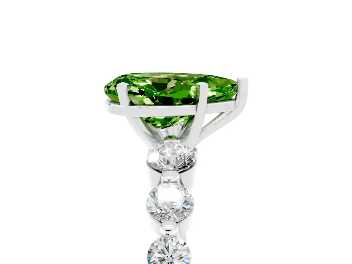 Pear Cut Solitaire Peridot Ring with Pave Band and Four-Prong Setting Platinum