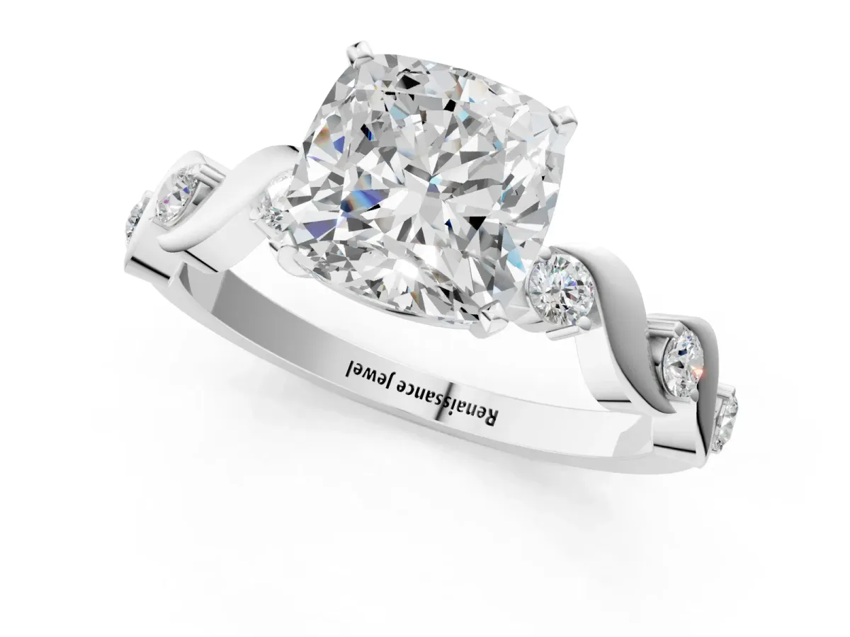 Cushion Cut Diamond Solitaire Twisted Band with Round Accents and Prong Setting Silver