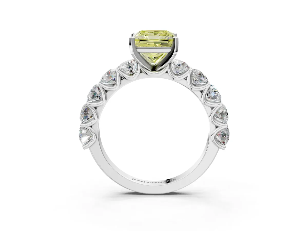 Fancy Yellow Princess Cut Diamond Prong Setting with Side Stones on a Pave Band Silver