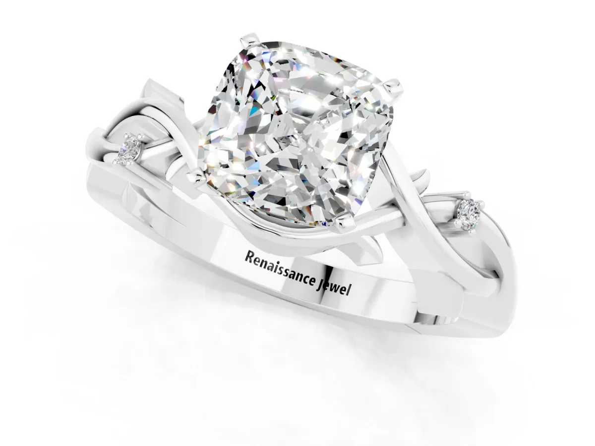 Cushion Cut Moissanite Solitaire Ring with Twisted Band and Prong Setting Platinum