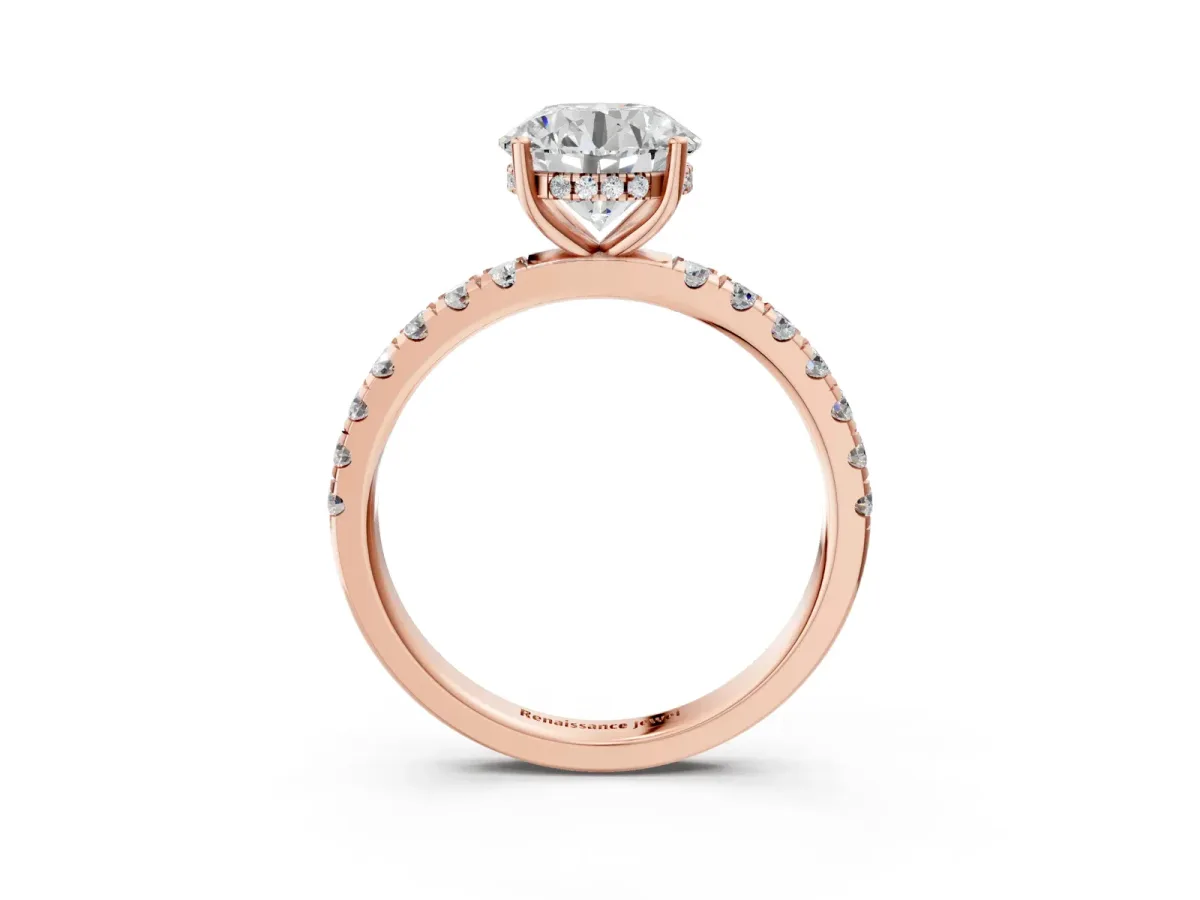 Round Cut Diamond Pave Band Solitaire Ring with Round and Prong Setting Rose gold