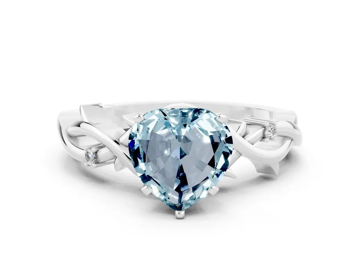 Heart Cut Aquamarine Solitaire Ring with Twisted Band and Prong Setting Silver
