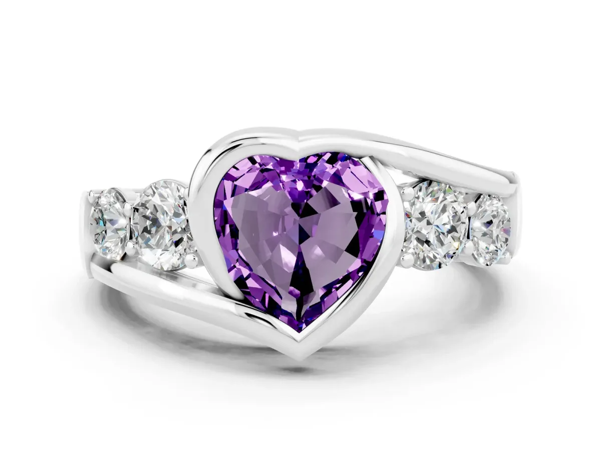 Bezel Set Heart Cut Amethyst Bypass Ring with Round Accents Platinum