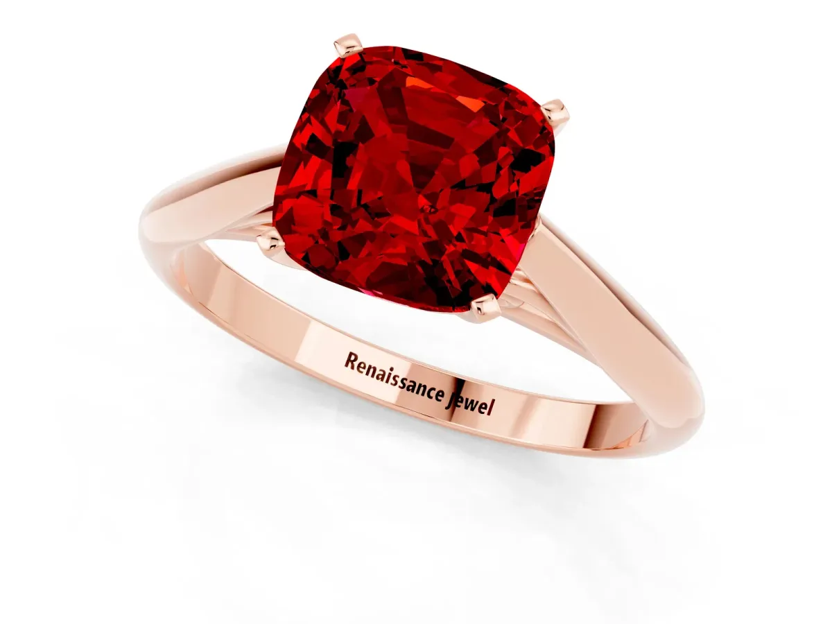 Cushion Cut Ruby Solitaire Engagement Ring with Cathedral Setting and Four-Prong Mount Rose gold
