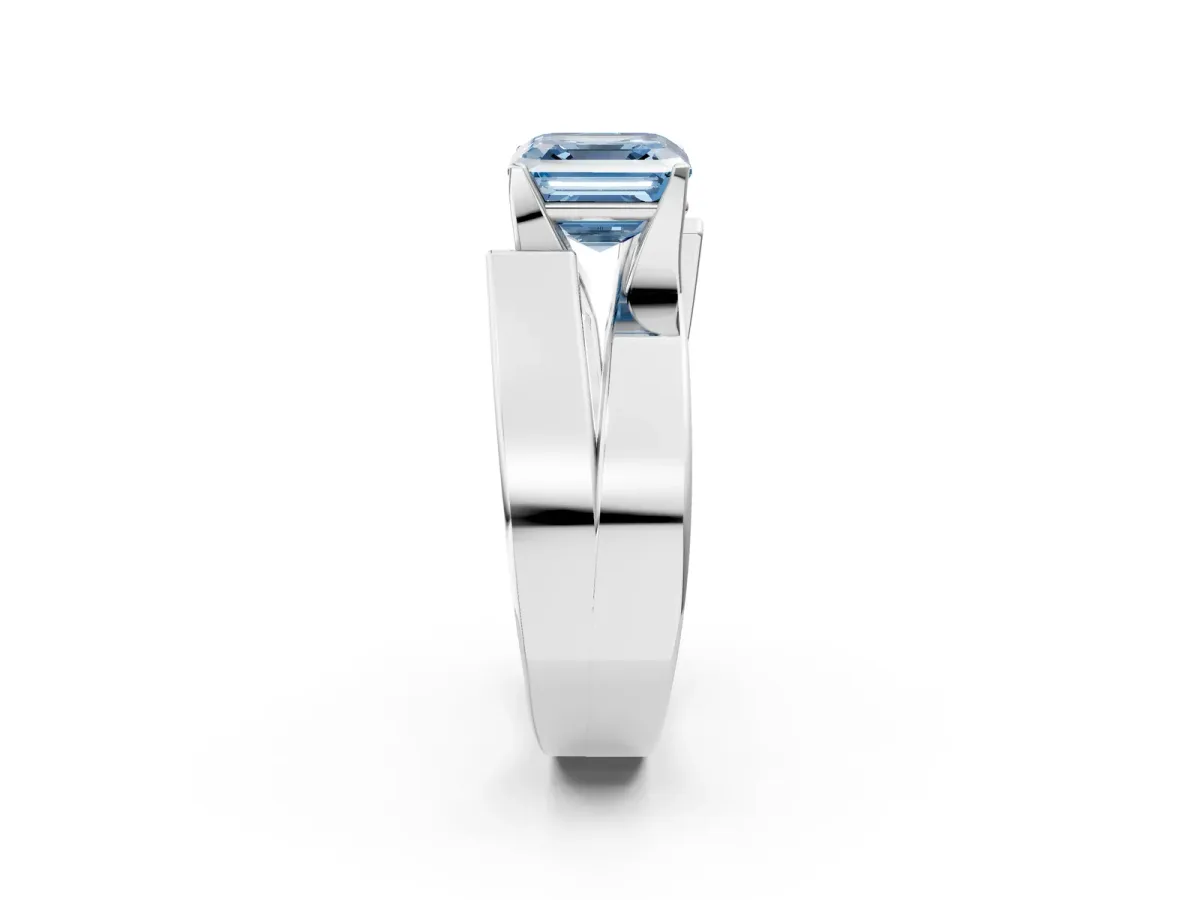 Fancy Blue Modern Tension Set Asscher Cut Diamond Solitaire Wide Band Ring Silver