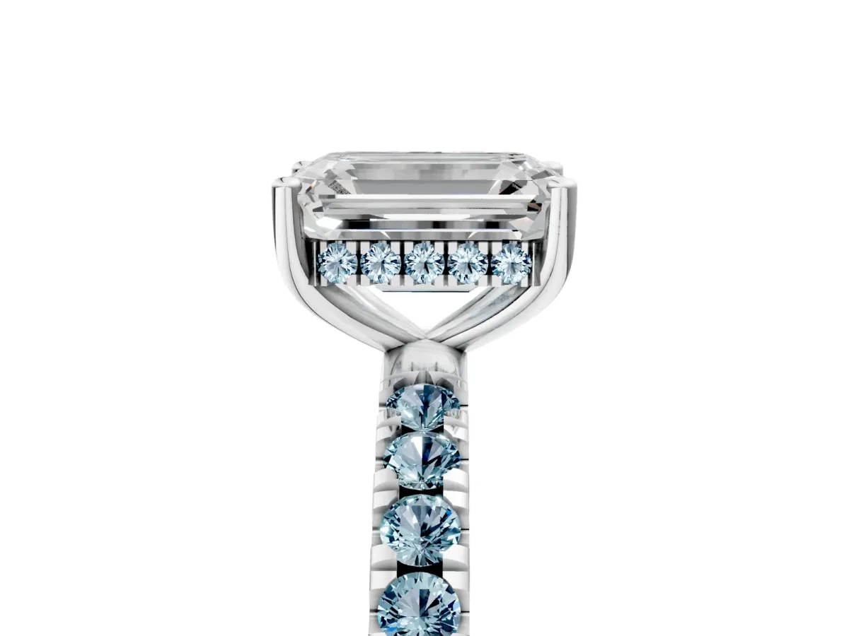 Emerald Cut Diamond Pave Band Solitaire Ring with Round Aquamarine and Prong Setting Silver