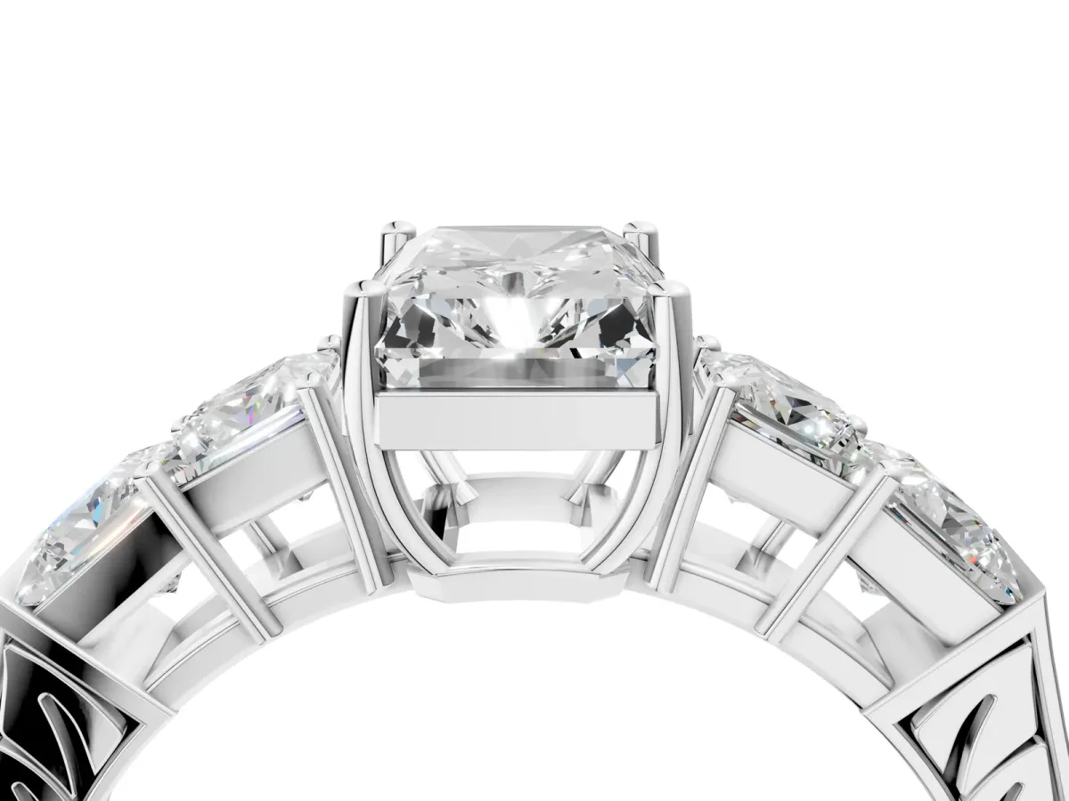 Radiant Cut Solitaire Princess Side Stone Engraved Band Prong Setting Ring Silver