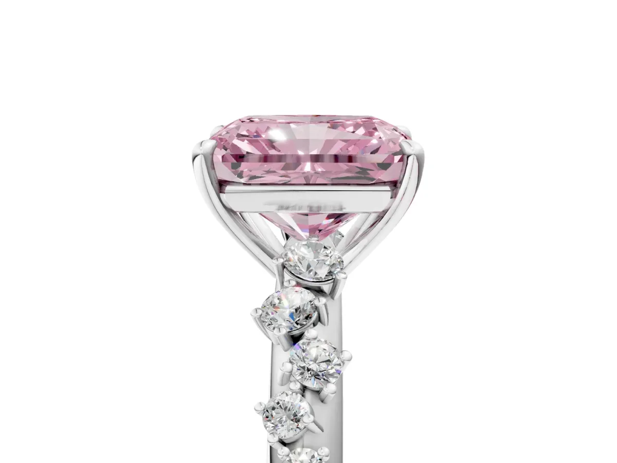 Fancy Pink Radiant Cut Diamond Cluster Side Stone Solitaire Ring with Prong Setting Platinum