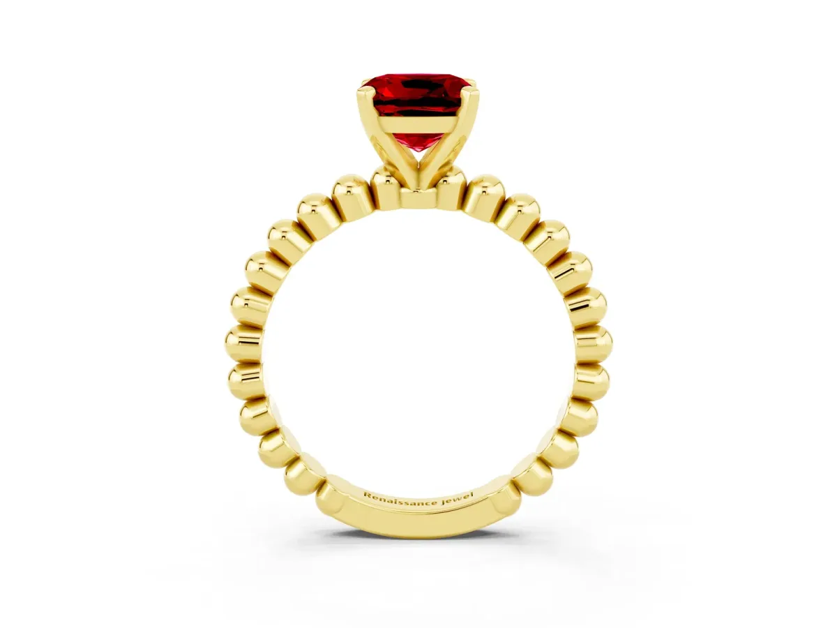 Cushion Cut Ruby Solitaire Ring with Beaded Band and Prong Setting Yellow gold