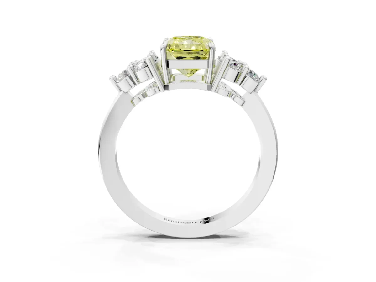 Fancy Yellow Radiant Cut Brilliant Diamond Cluster Accent Solitaire Ring with Prong Setting Platinum
