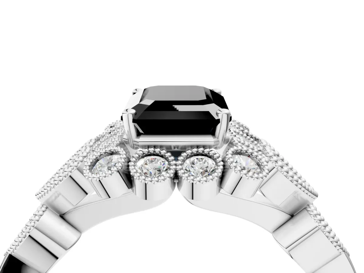 Fancy Black Emerald Cut Brilliant Milgrain Pave Heart Band Solitaire Ring Platinum