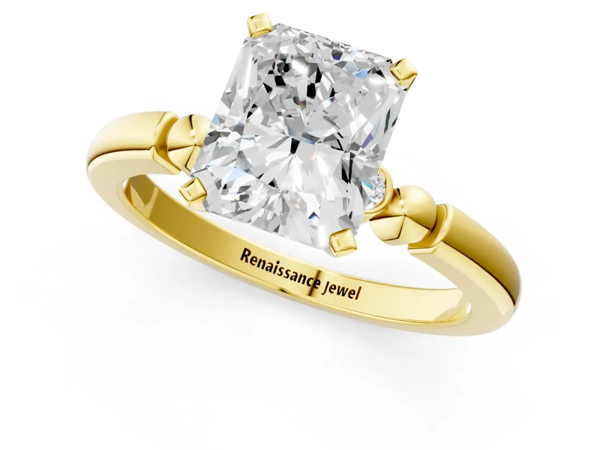 Radiant Cut Solitaire Beaded Band with Four-Prong Setting Yellow gold