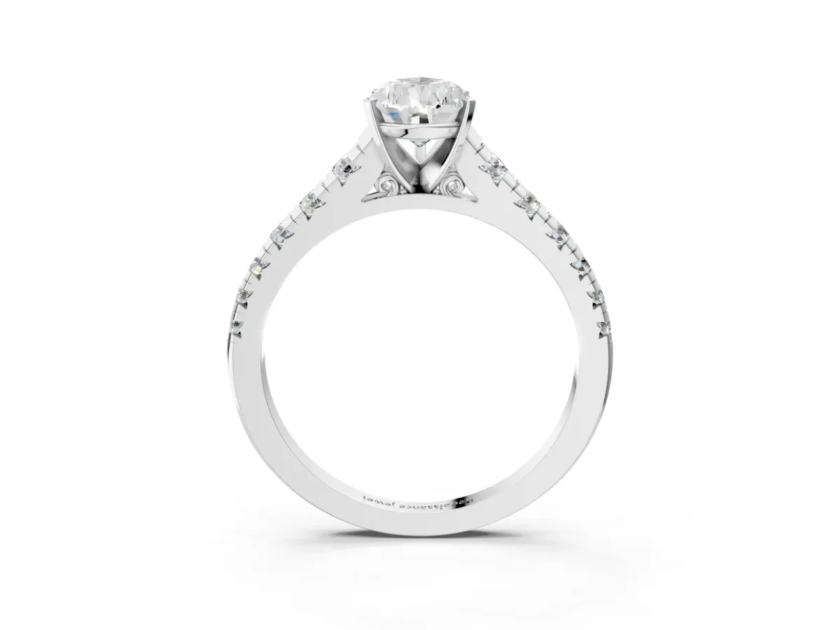 Pear Cut Diamond Cathedral Solitaire Ring with Round Moissanite Pavé Band Silver