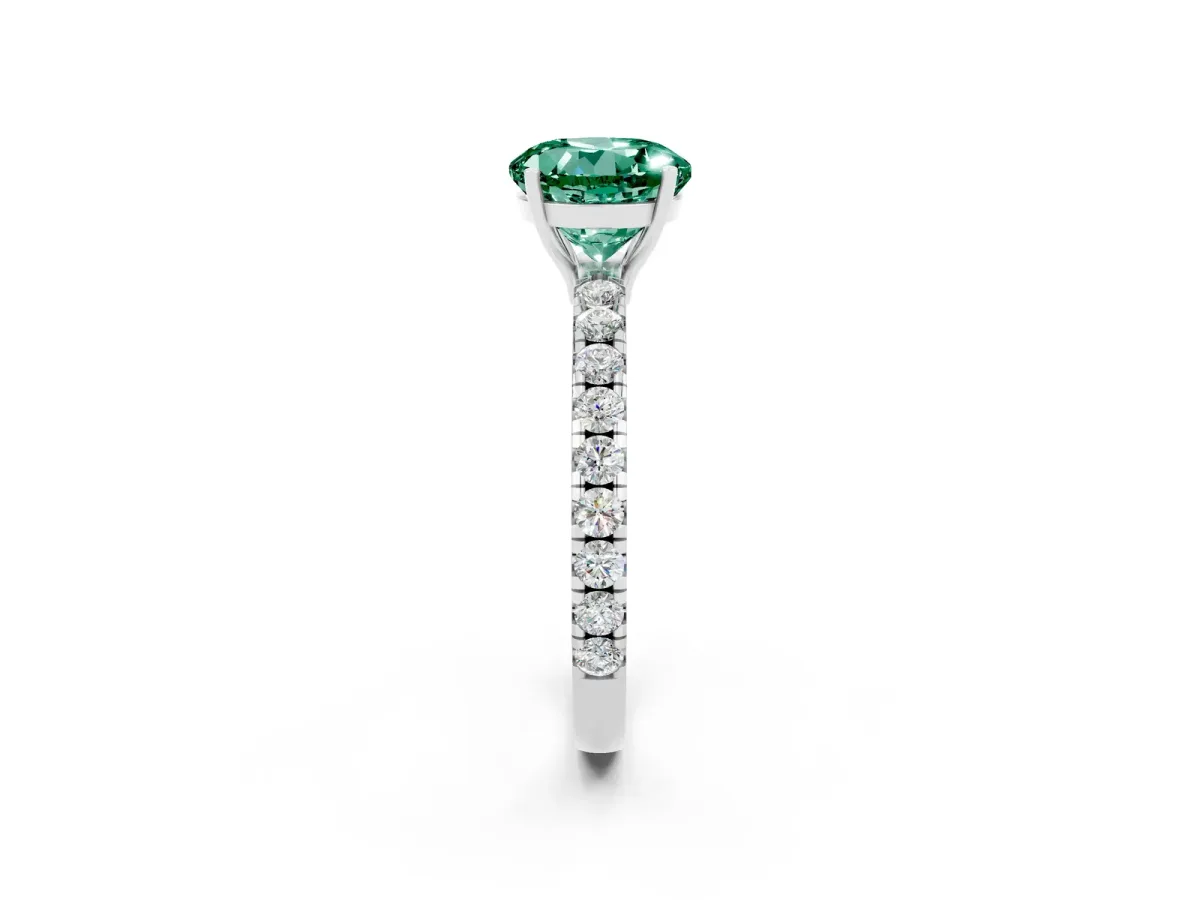 Round Cut Green Sapphire Pavé Solitaire Engagement Ring with Four-Prong Setting Silver