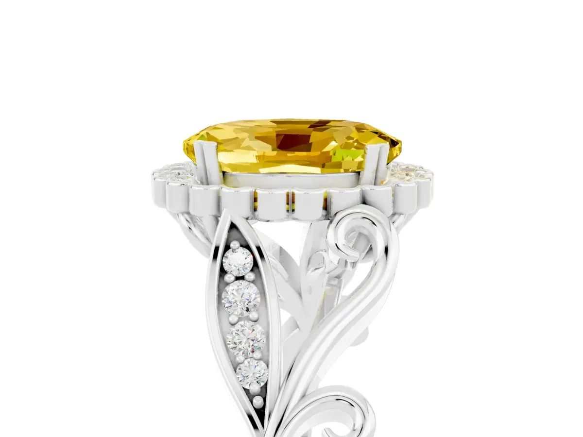 Oval Cut Yellow Sapphire Halo Ring with Vintage Split Shank and Four-Prong Setting Silver