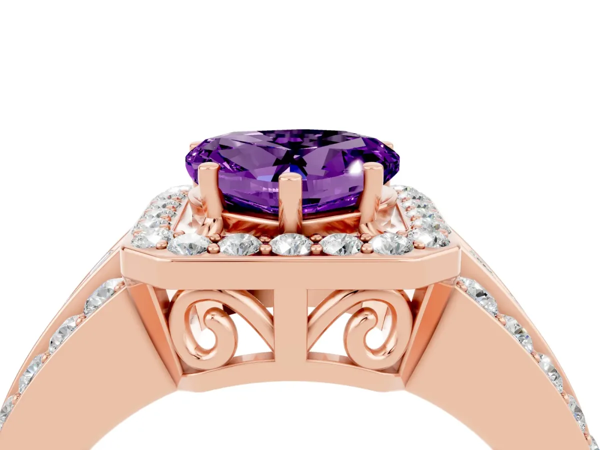Heart Cut Halo Amethyst Ring with Round Split Shank and Prong Setting Rose gold