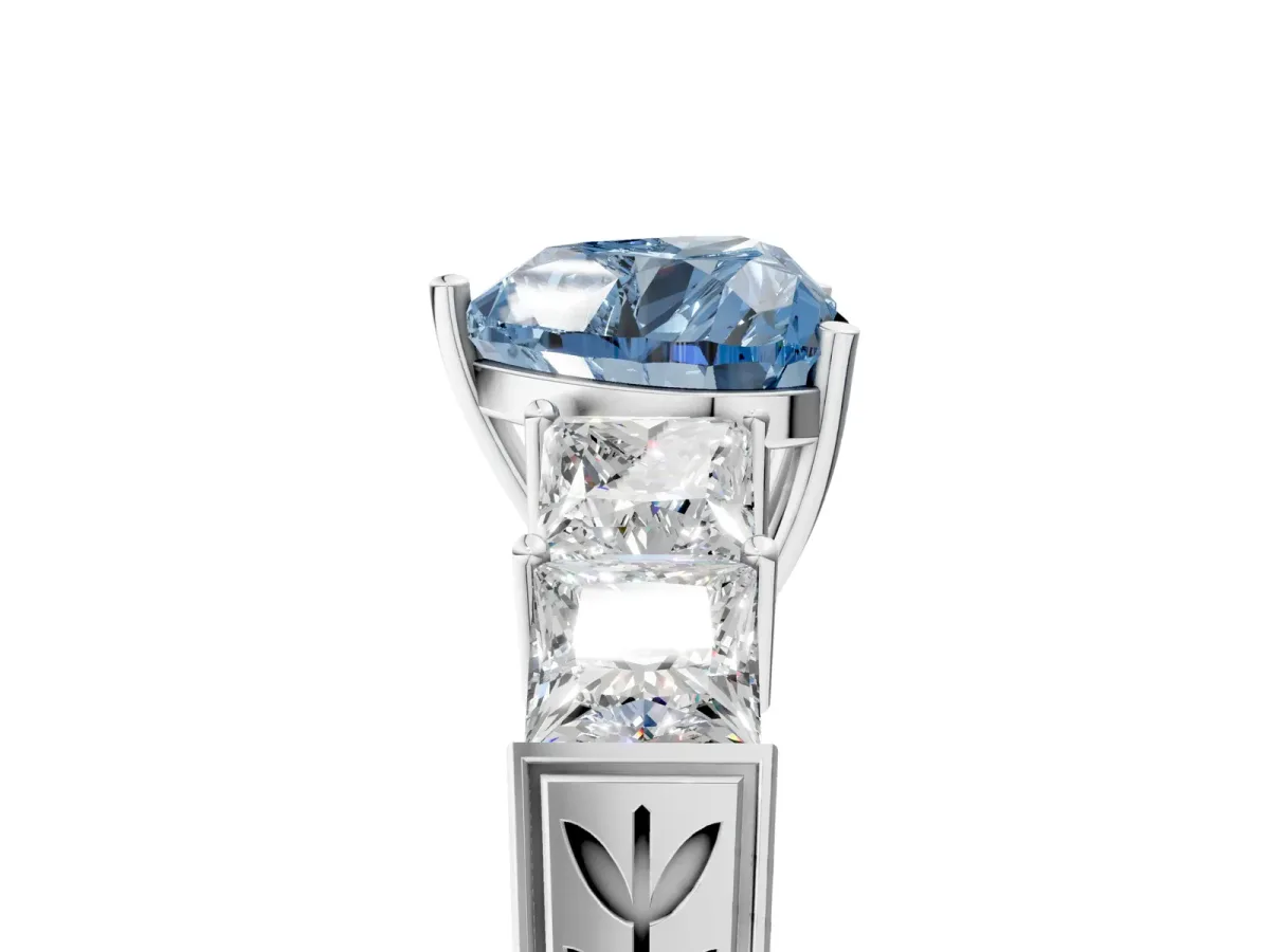 Fancy Blue Heart Cut Solitaire Princess Side Stone Engraved Band Prong Setting Ring Platinum