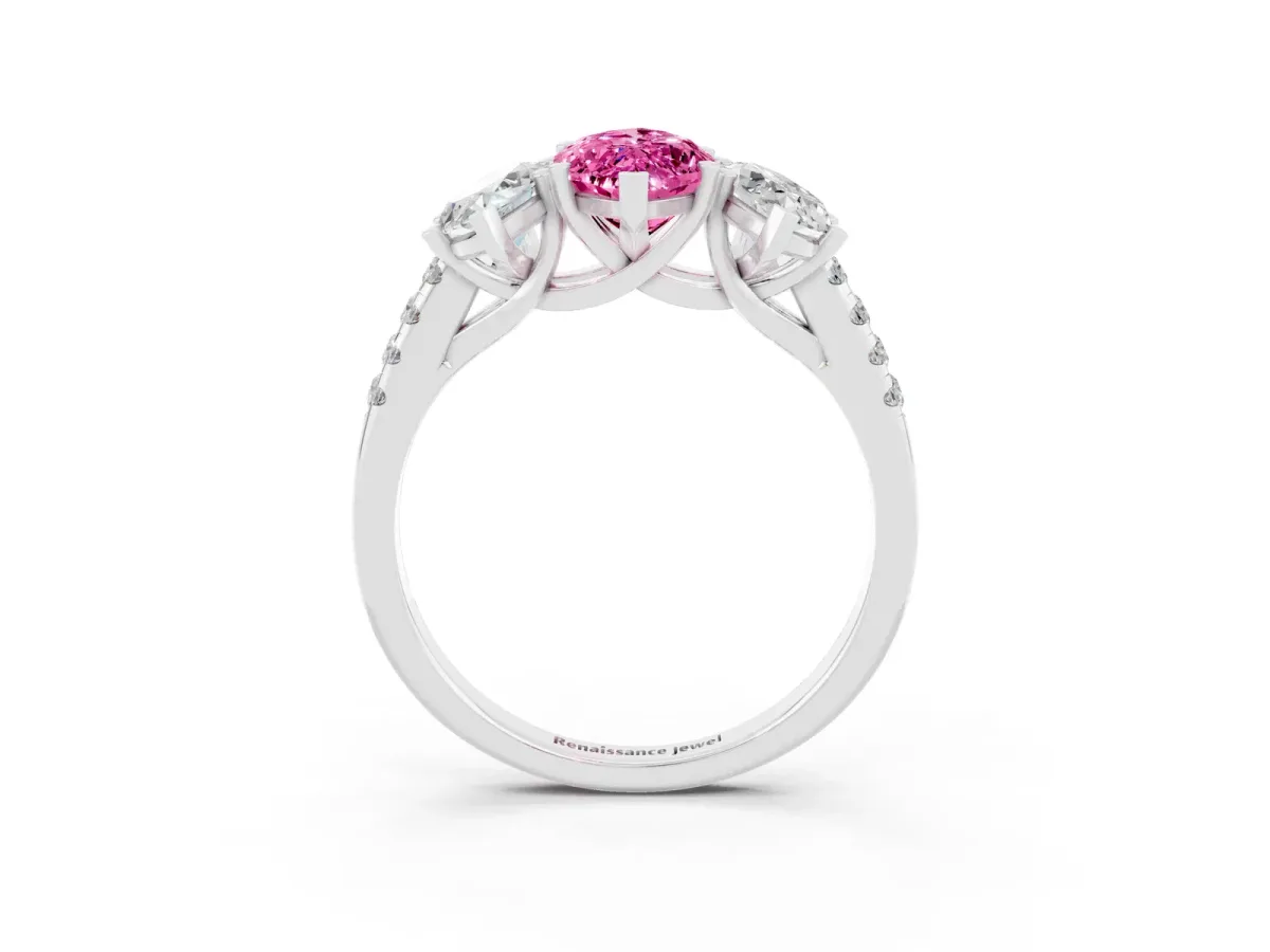 Three-Stone Marquise Cut Pink Sapphire Ring with Round Pavé Band and Prong Setting Silver