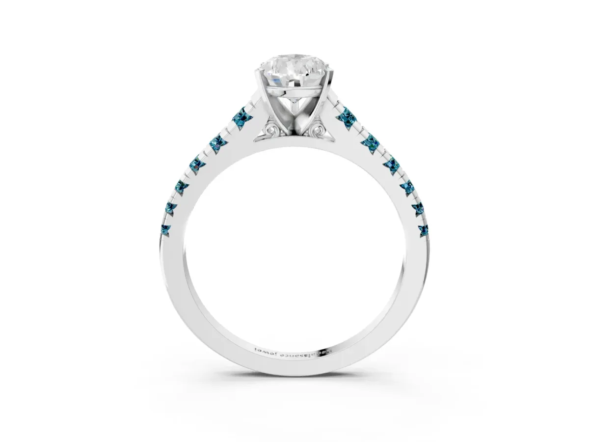 Pear Cut Diamond Cathedral Solitaire Ring with Round Blue Topaz Pavé Band Silver