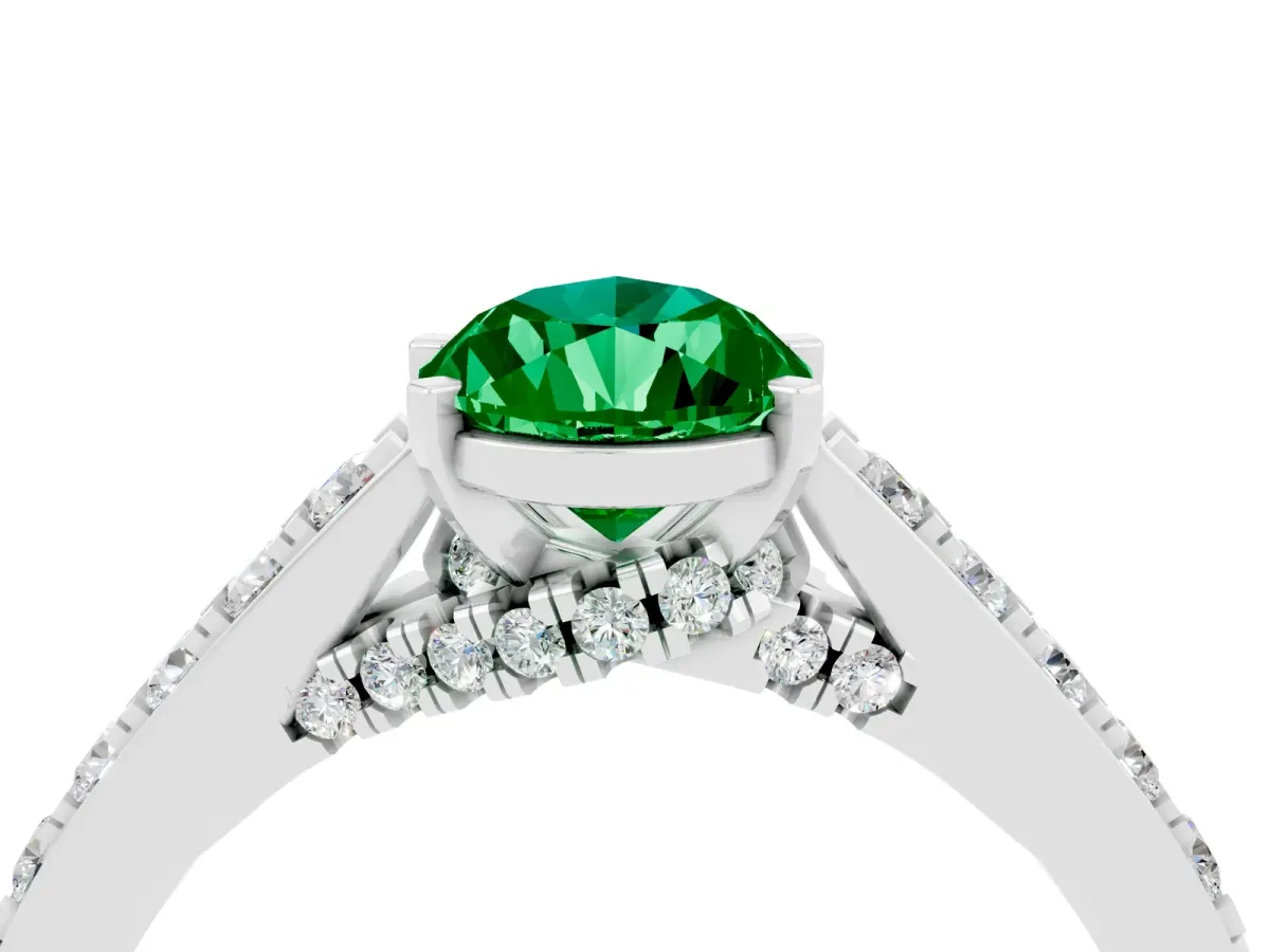Pear Cut Emerald Solitaire Ring with Crossover Gallery and Round Pavé Band Platinum