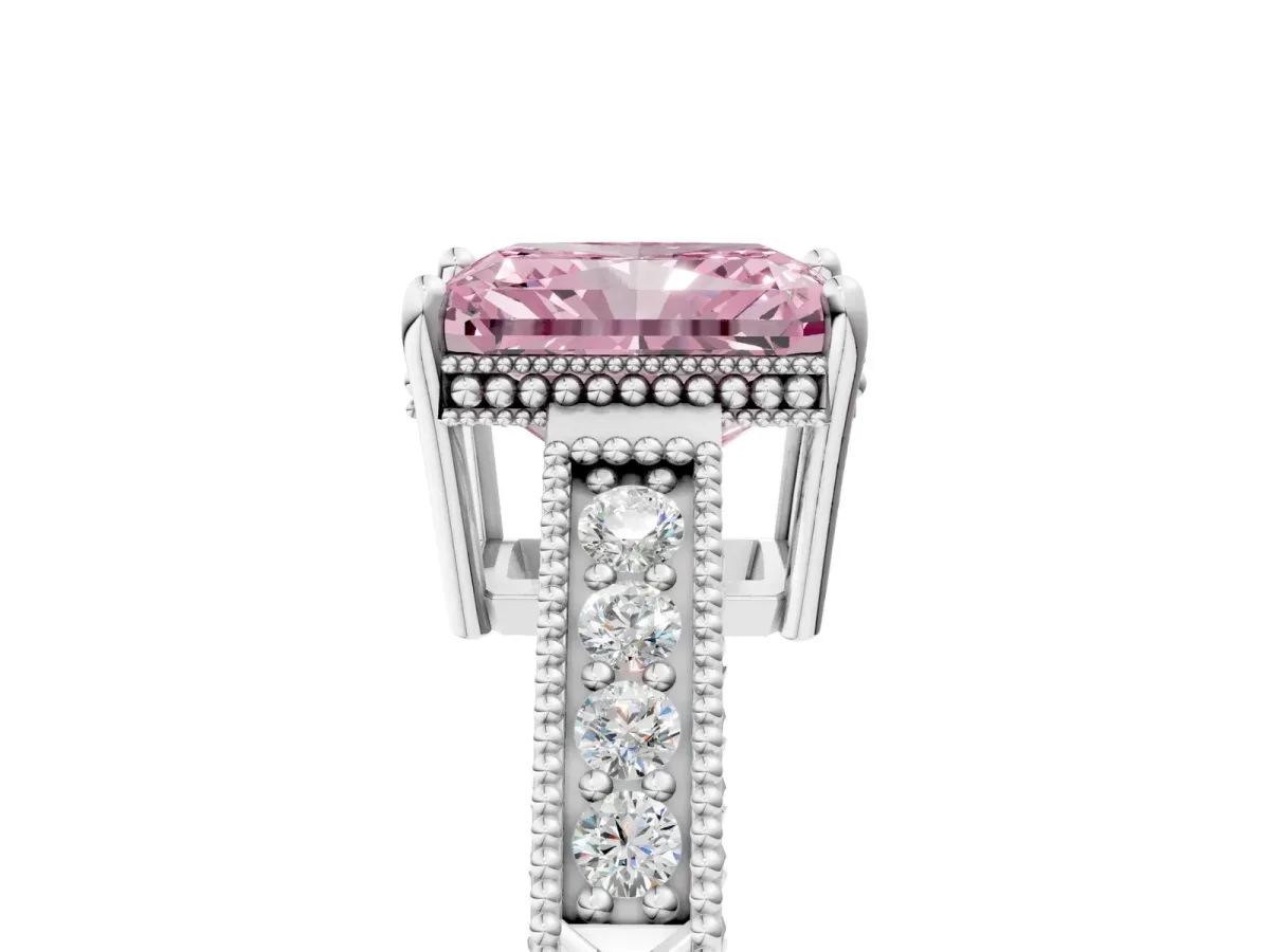 Fancy Pink Radiant Cut Cut Diamond Milgrain Pave Band Four-Prong Setting Ring Platinum