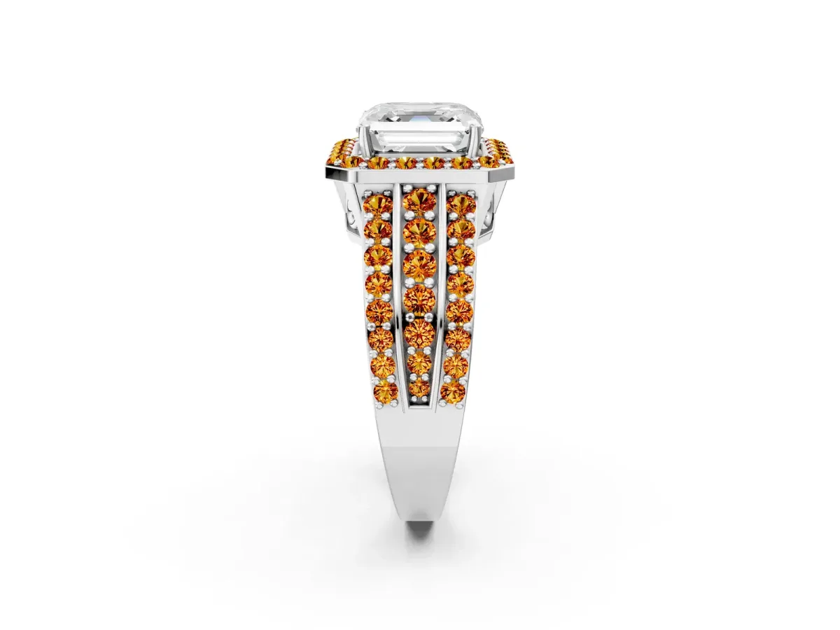 Asscher Cut Halo Diamond Ring with Round Citrine Split Shank and Prong Setting Silver