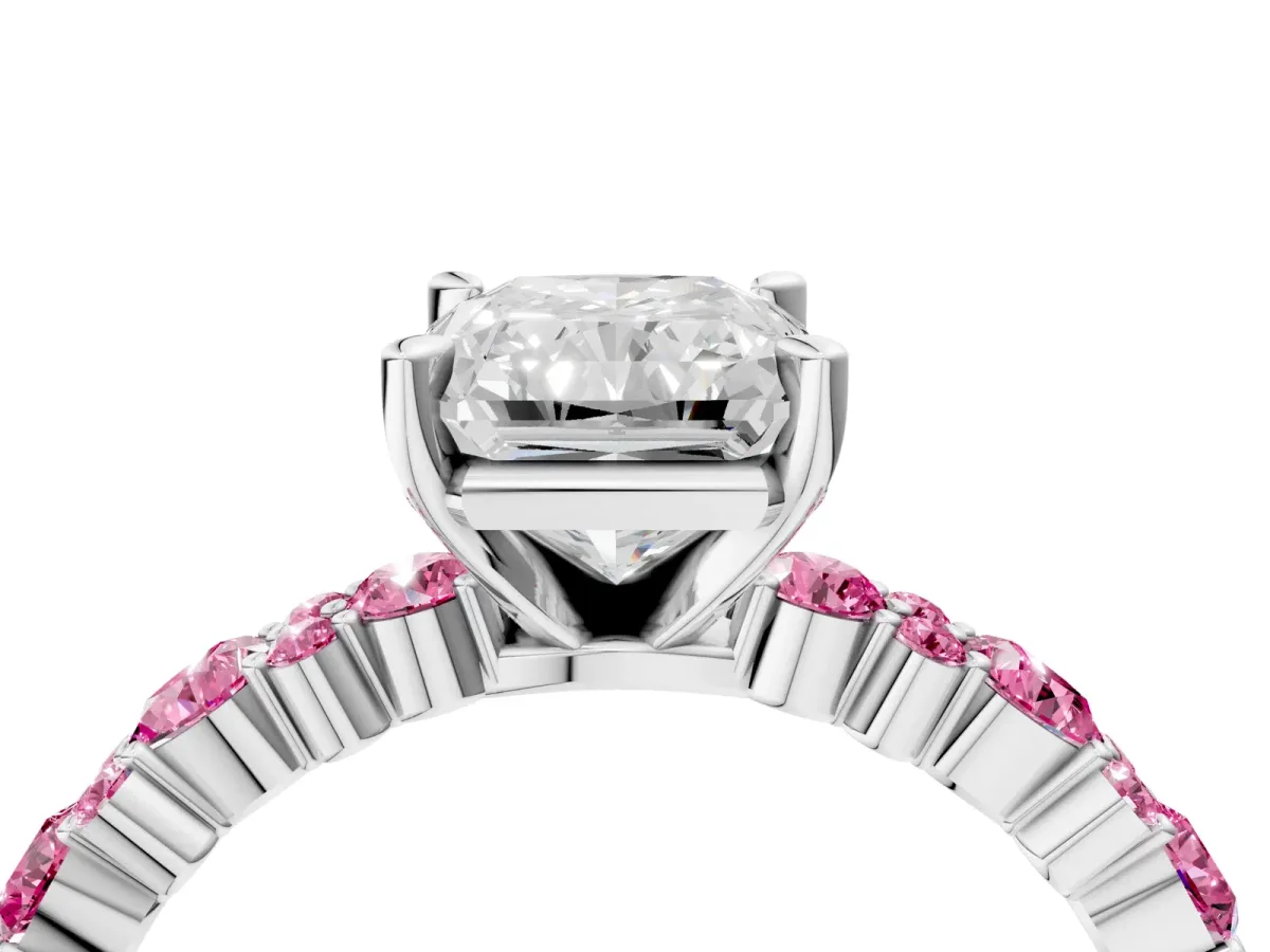 Radiant Cut Diamond Side Stone Solitaire Ring with Round Pink Sapphire and Four-Prong Setting Silver