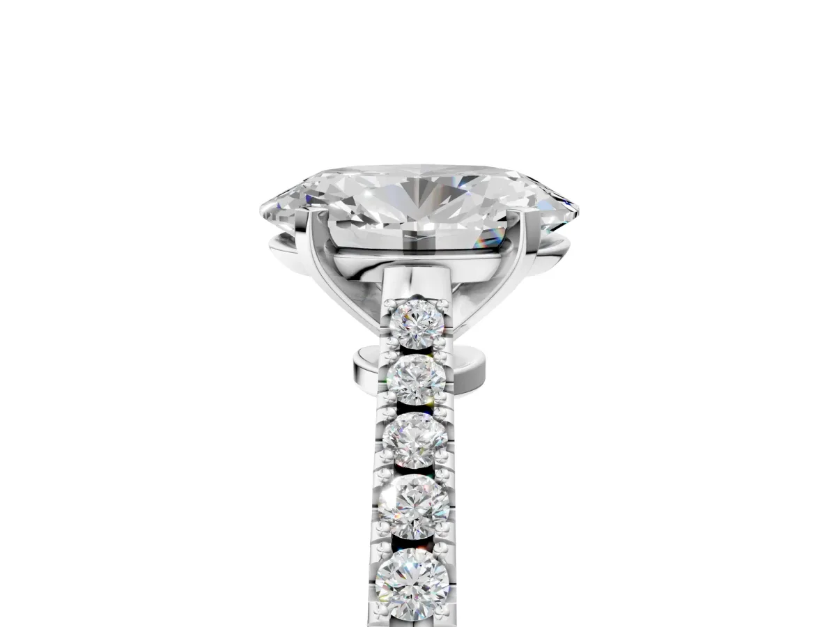 Oval Cut Cut Solitaire Diamond Engagement Ring with Pave Band and Four-Prong Setting Silver