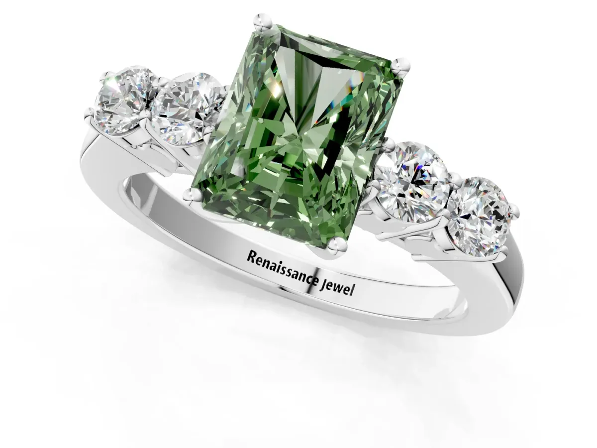 Fancy Green Radiant Cut Cut Diamond Five-Stone Prong Set White Gold Ring Platinum