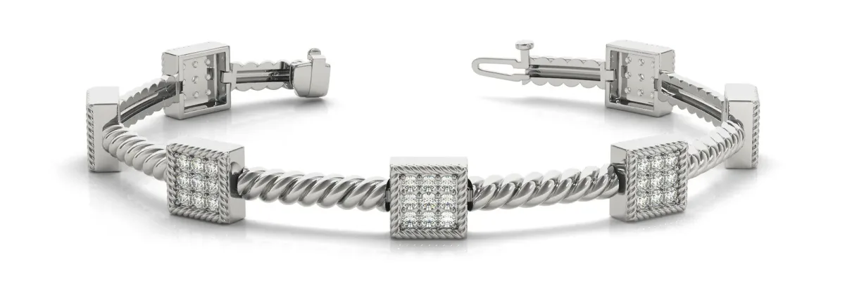 Square Pave Diamond Rope Bracelet with Box Clasp White gold