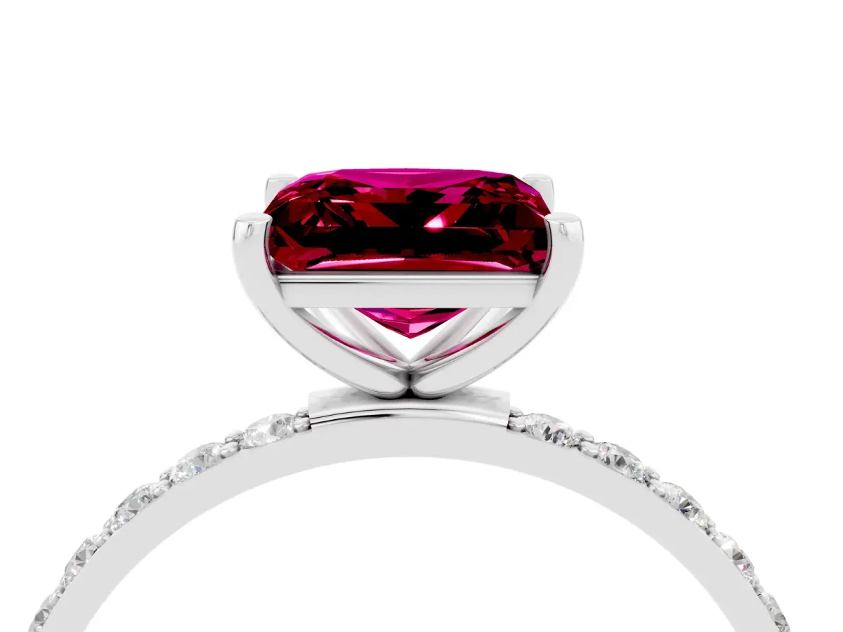 Princess Cut Garnet Solitaire Ring with Round Pavé Band and Prong Setting Silver