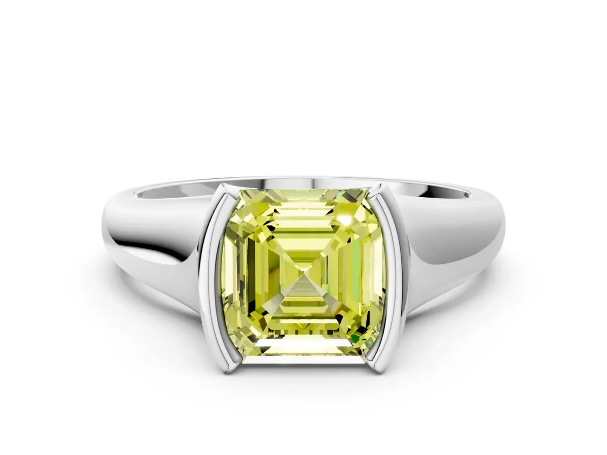 Fancy Yellow Asscher Cut Solitaire Tension Set Diamond Ring with Split Shank Band Platinum