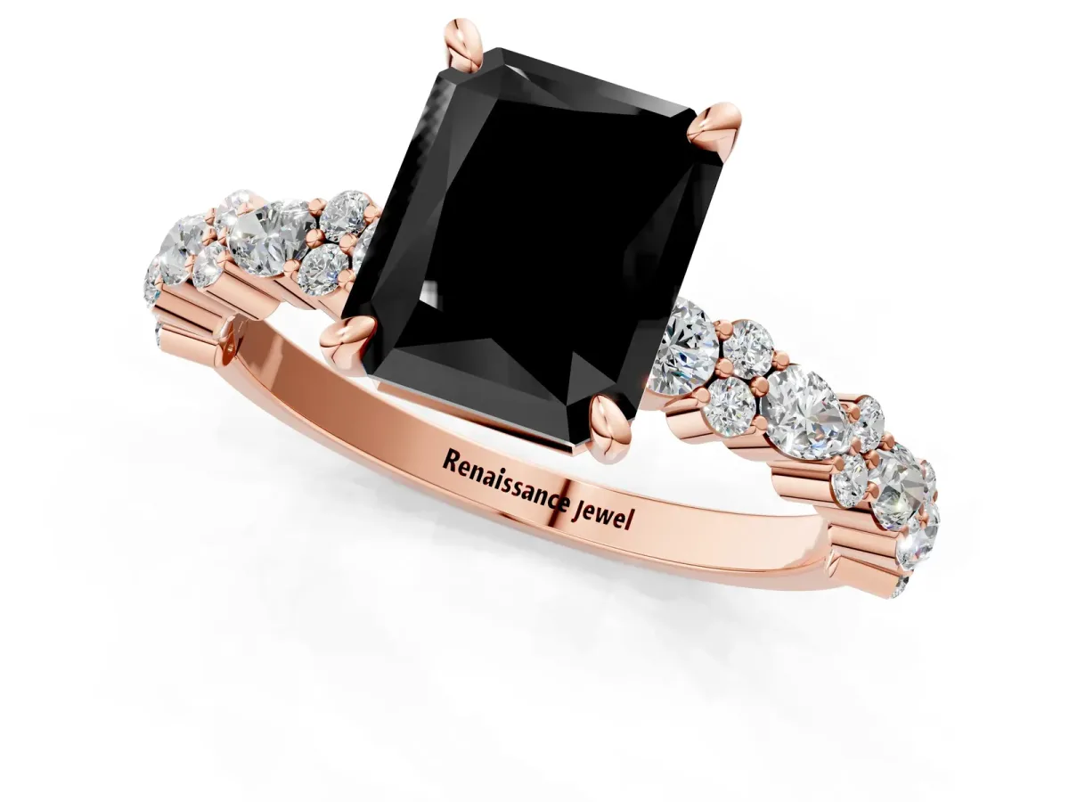 Fancy Black Radiant Cut Diamond Side Stone Solitaire Ring with Round and Four-Prong Setting Rose gold