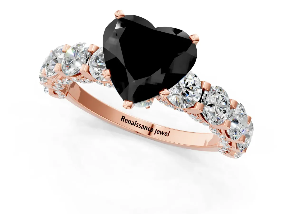 Fancy Black Heart Cut Diamond Side Stone Engagement Ring with Four-Prong Setting Rose gold