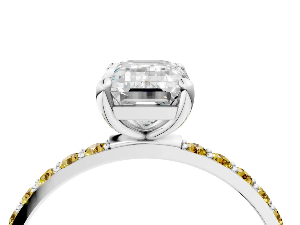 Emerald Cut Diamond Solitaire Ring with Round Yellow Sapphire Pavé Band and Prong Setting Silver