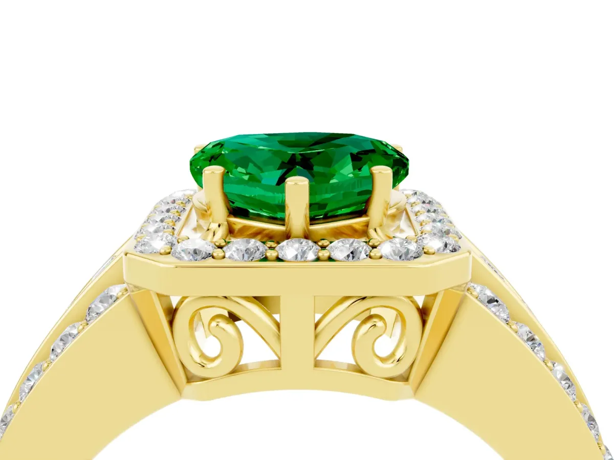 Heart Cut Halo Emerald Ring with Round Split Shank and Prong Setting Yellow gold